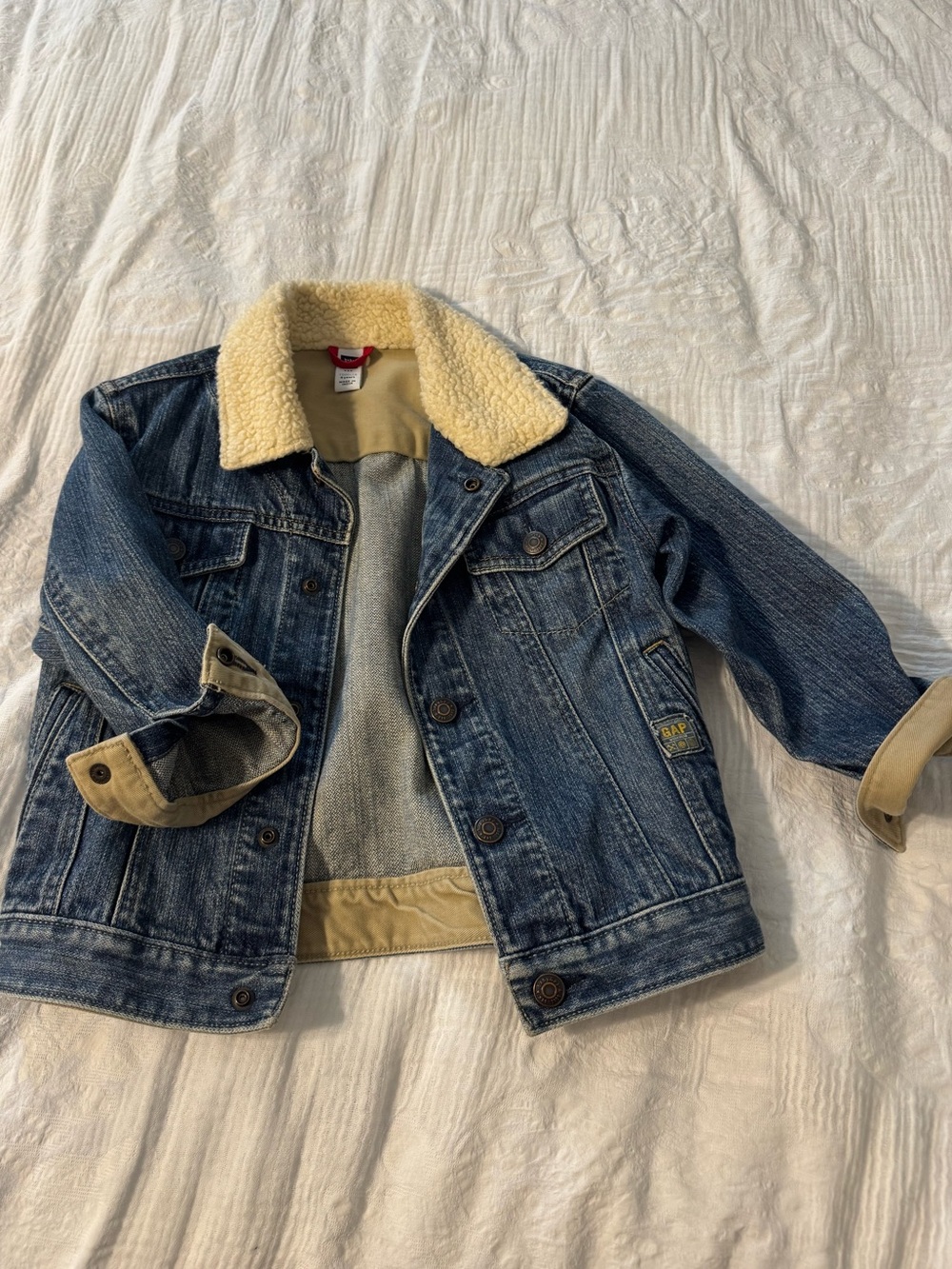 GAP Kids Blue Denim Jacket with Cream Sherpa Collar